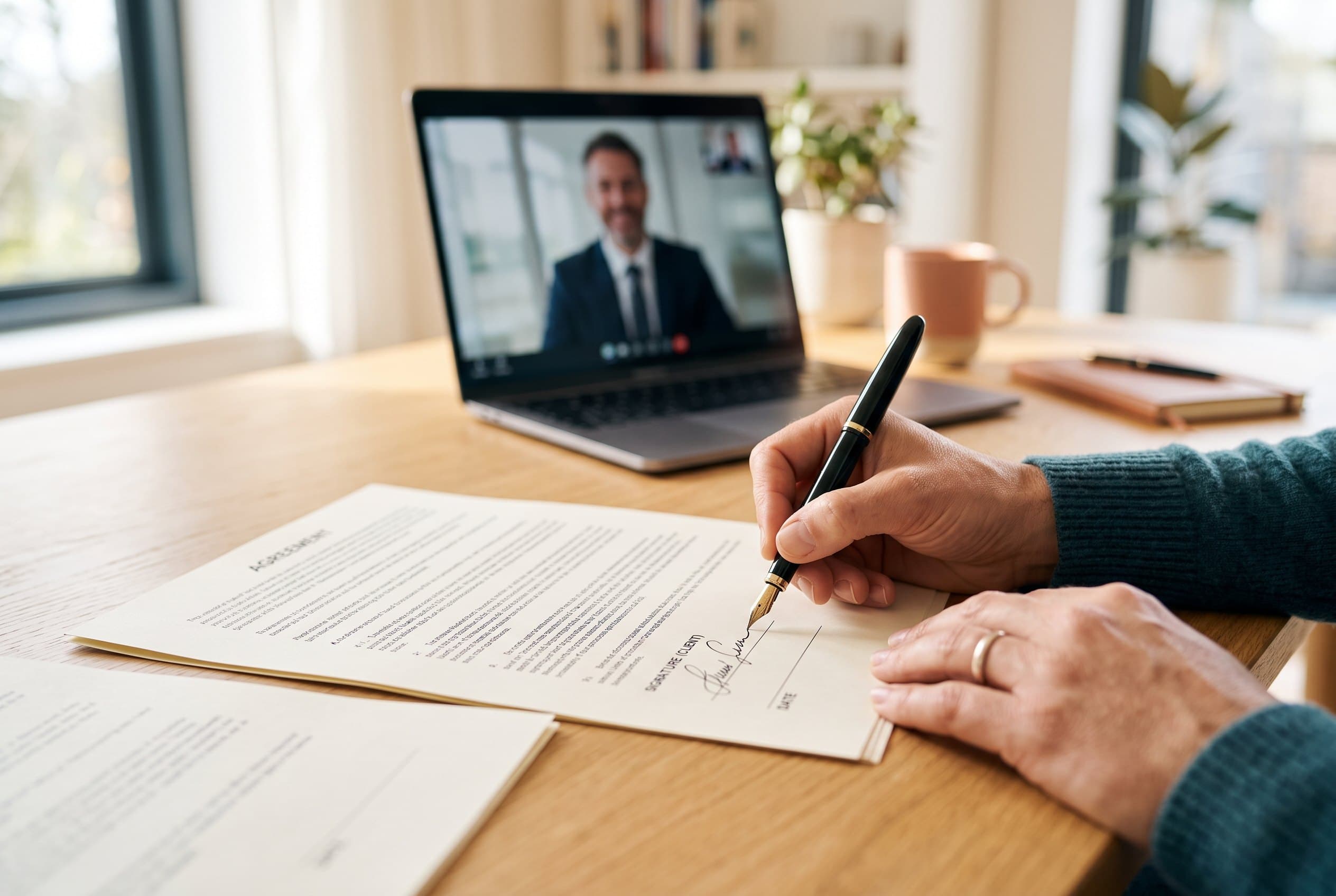 A client signing a legal agreement at home during a video appointment with an adviser